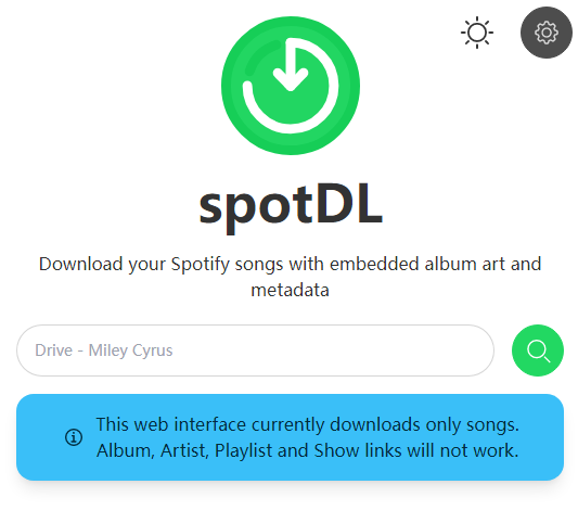 Web UI of the free Spotify downloader spotDL